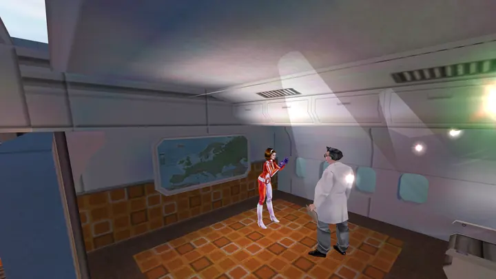 Cate Archer and a scientist in the cabin of an airliner, a map of Europe on the wall.